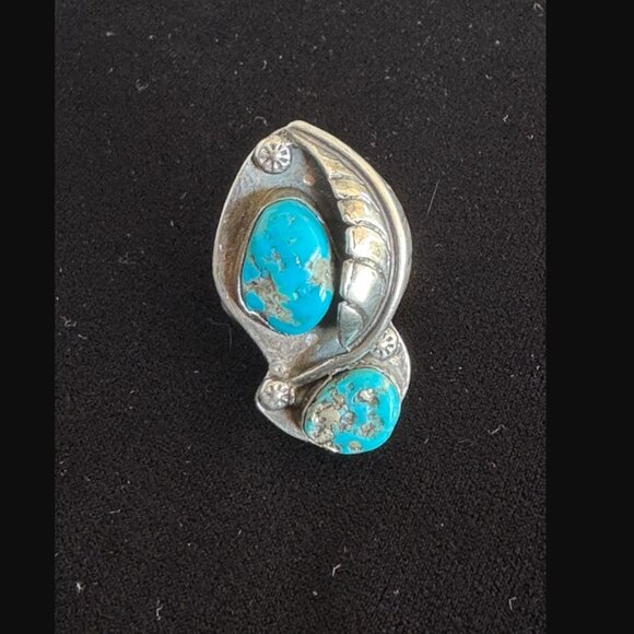 Vintage Sterling Silver Turquoise Feather Ring w/2 Natural Stones – 19g - Picture 1 of 6